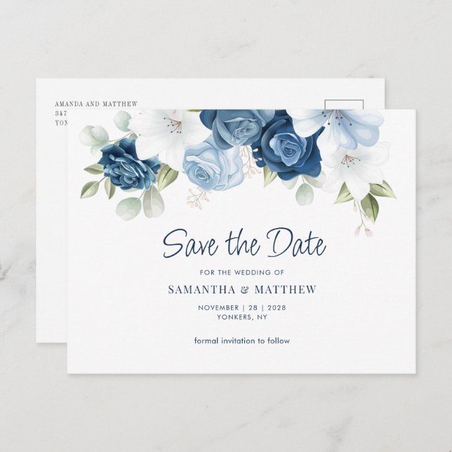 Floral Dusty Blue Greenery Save the Date Announcement Postcard (Front/Back)