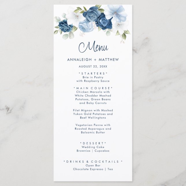 Floral Dusty Blue Greenery Wedding Menu (Front)