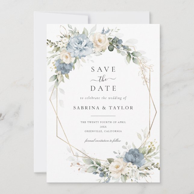 Floral Dusty Blue Greenery Wedding Save The Date Invitation (Front)