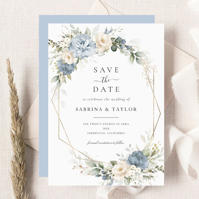 Floral Dusty Blue Greenery Wedding Save The Date Invitation (Creator Uploaded)