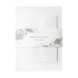 Floral Dusty Blue Greenery White Elegant Wedding Invitation Belly Band