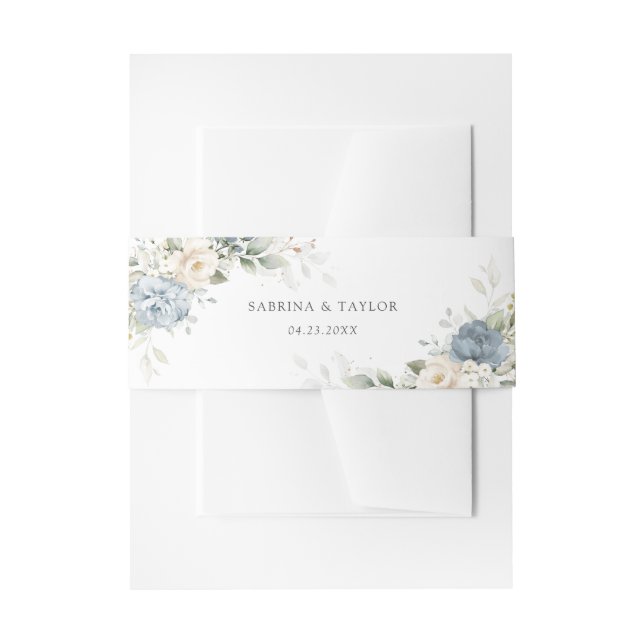 Floral Dusty Blue Greenery White Elegant Wedding Invitation Belly Band (Front Example)