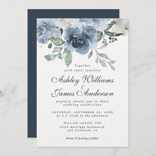 Floral Dusty Blue Ivory Rose Dark Blue Wedding Invitation