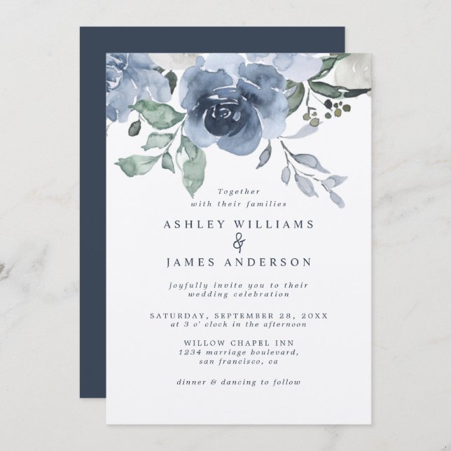 Floral Dusty Blue Ivory Rose Dark Blue Wedding Invitation (Front/Back)