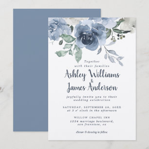 Floral Dusty Blue Ivory Rose Vintage Blue Wedding Invitation