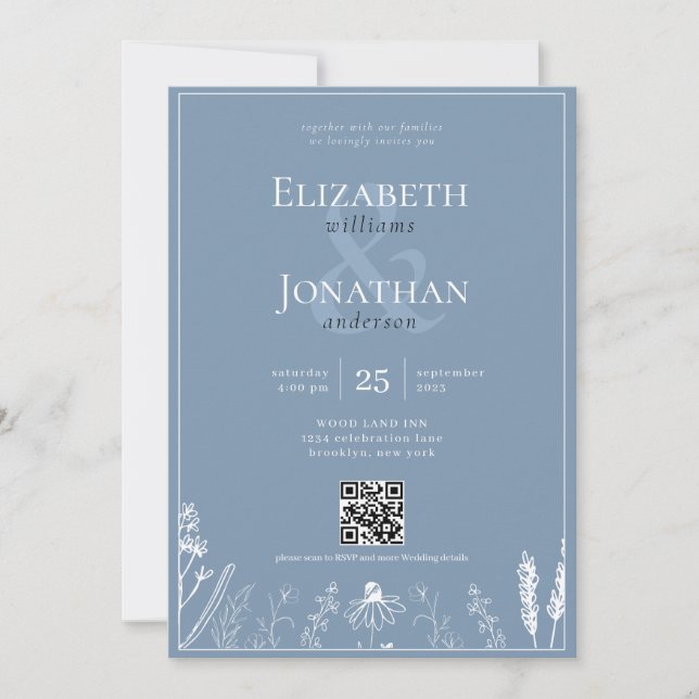Floral Dusty Blue Monogram Border QR Photo Wedding Invitation (Front)