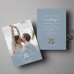 Floral Dusty Blue Monogram Photo QR Code Wedding  Invitation