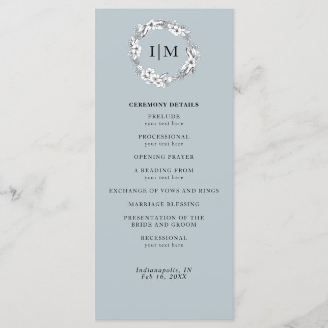 Floral Dusty Blue Monogram Wedding Program Programme (Front)