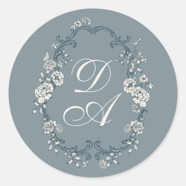 Floral Dusty Blue Monogrammed Classic Round Sticker (Front)