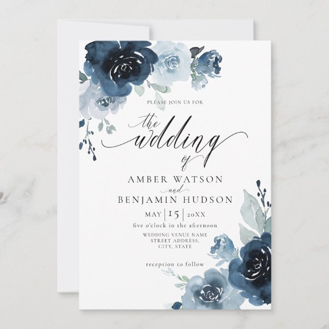 Floral Dusty Blue Navy Flowers Neutral Wedding Invitation (Front)