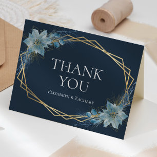Floral Dusty Blue Navy Gold Winter Wedding Thank You Card