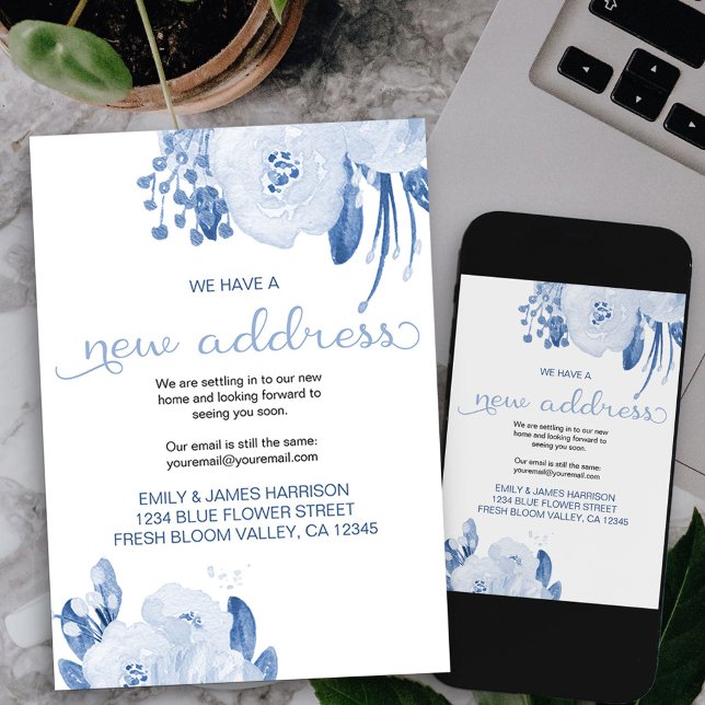 Floral Dusty Blue New Address Moving Announcement (dusty blue floral new address card available printed or as printable digital download)