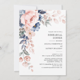 Floral Dusty Blue Pink Flowers Rehearsal Dinner Invitation