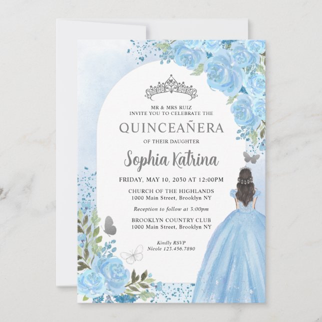 Floral Dusty Blue Princess Birthday Quinceanera Invitation (Front)