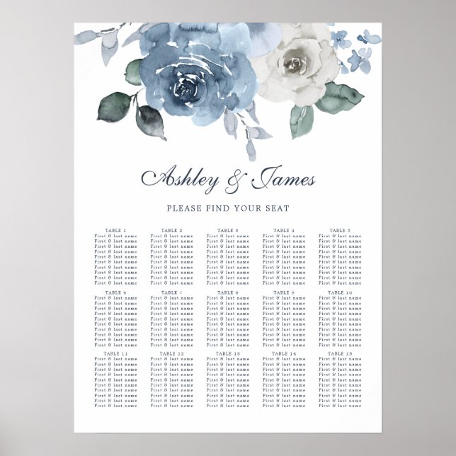 Floral Dusty Blue Rose Wedding Seating Chart (Front)