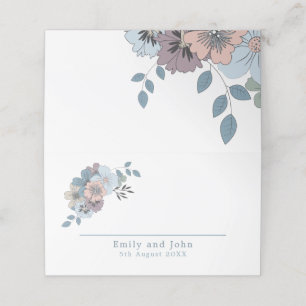 Floral Dusty Blue Salmon Pink Names Date Wedding Place Card