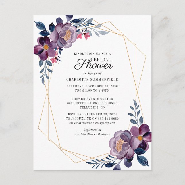 Floral Dusty Blue Script Geometric Bridal Shower Invitation Postcard (Front)