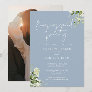 Floral Dusty Blue Script Photo Engagement Party Invitation