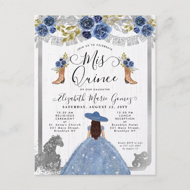 Floral Dusty Blue Silver Charra Horse Quinceanera Invitation Postcard (Front)