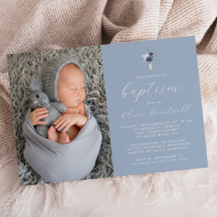Floral Dusty Blue Silver Cross Photo Boys Baptism Invitation