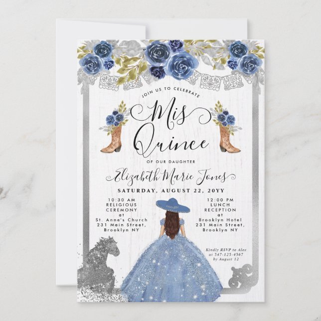 Floral Dusty Blue Silver Horse Charra Quinceanera Invitation (Front)