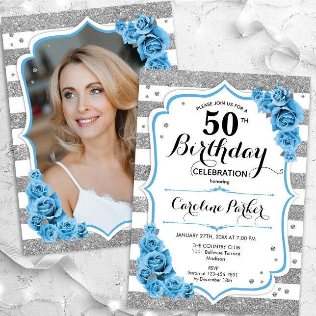 Floral Dusty Blue Silver Photo 50th Birthday Invitation (Creator Uploaded)