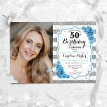 Floral Dusty Blue Silver White Photo 50th Birthday Invitation<br><div class="desc">Elegant floral feminine 50th birthday invitation with your photo. Glam, white and dusty blue design with faux glitter silver. Features stripes, light turquoise roses, script font and confetti. Perfect for a stylish adult bday celebration party. Personalise with your own details. Can be customised for any age! Printed Zazzle invitations or...</div>