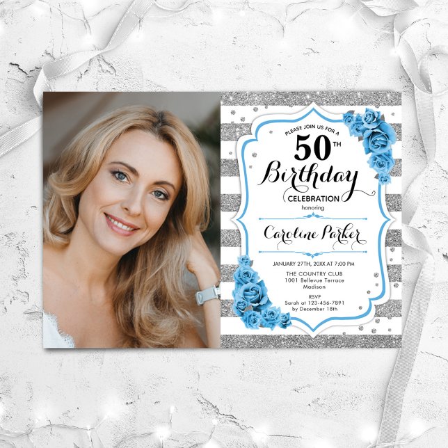 Floral Dusty Blue Silver White Photo 50th Birthday Invitation (Creator Uploaded)