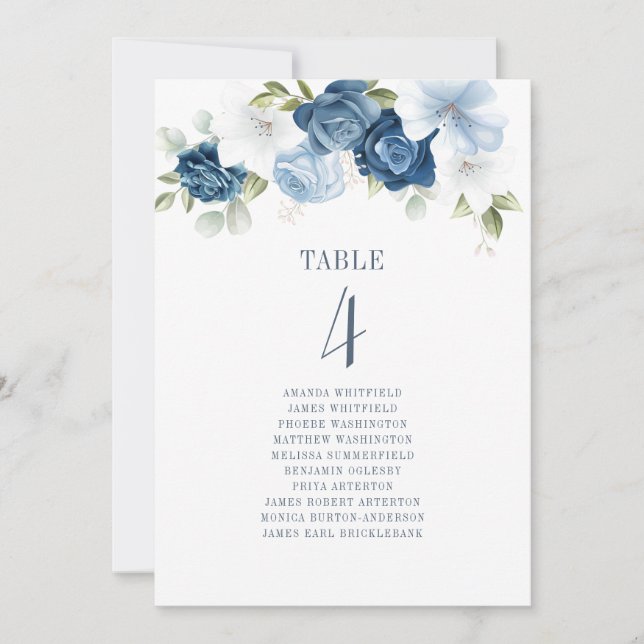 Floral Dusty Blue Table Number 4 Wedding Seating (Front)