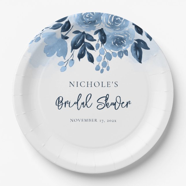 Floral Dusty Blue Watercolor Bridal Shower Paper Plate (Front)