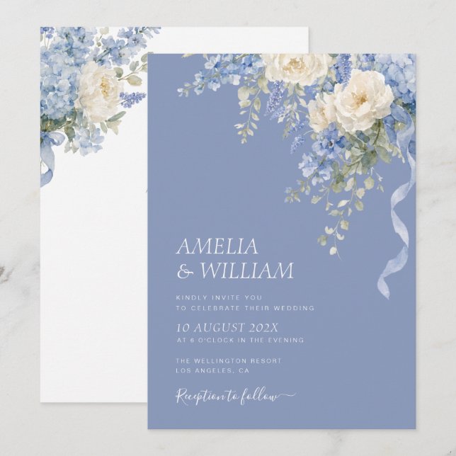 Floral dusty blue wedding Invitation (Front/Back)