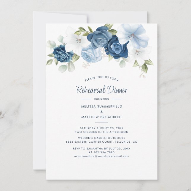 Floral Dusty Blue Wedding Rehearsal Dinner Invitation (Front)