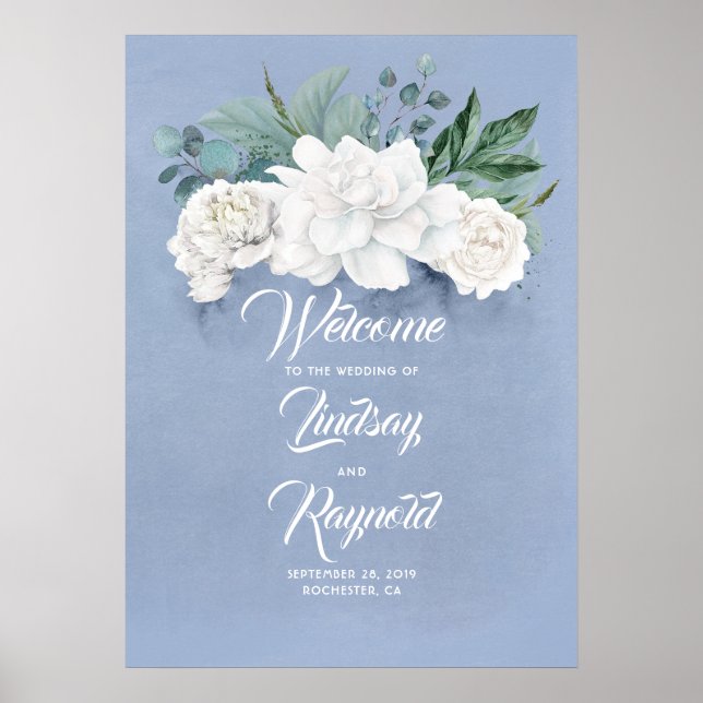 Floral Dusty Blue Wedding Welcome Poster (Front)