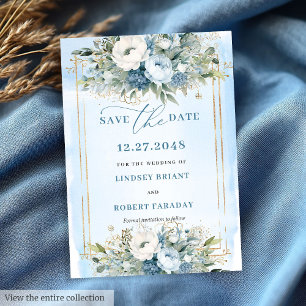 Floral Dusty Blue White Gold Flowers Save The Date Invitation