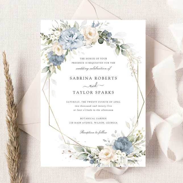Floral Dusty Blue White Greenery Gold Wedding Invitation (Creator Uploaded)