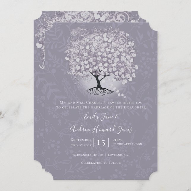 Floral Dusty Lavender Heart Leaf Tree Wedding Invitation (Front/Back)