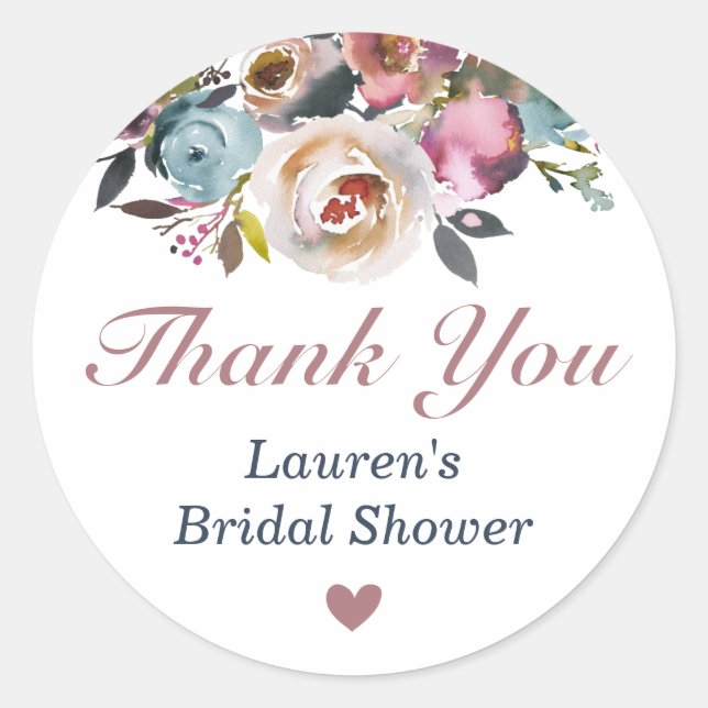 Floral Dusty Pink Bridal Shower Thank You Gift Classic Round Sticker (Front)