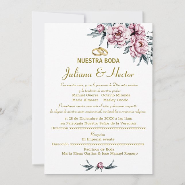 FLORAL DUSTY PINK NUESTRA BODA INVITATION (Front)