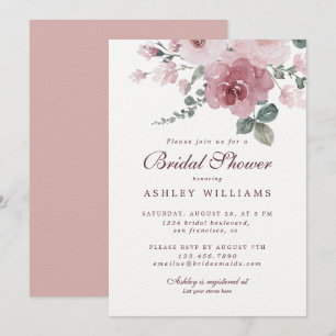 Floral Dusty Pink Rose Burgundy Bridal Shower Invitation