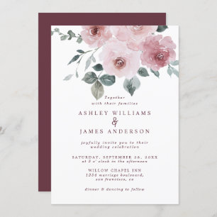 Floral Dusty Pink Rose Burgundy Wedding Invitation