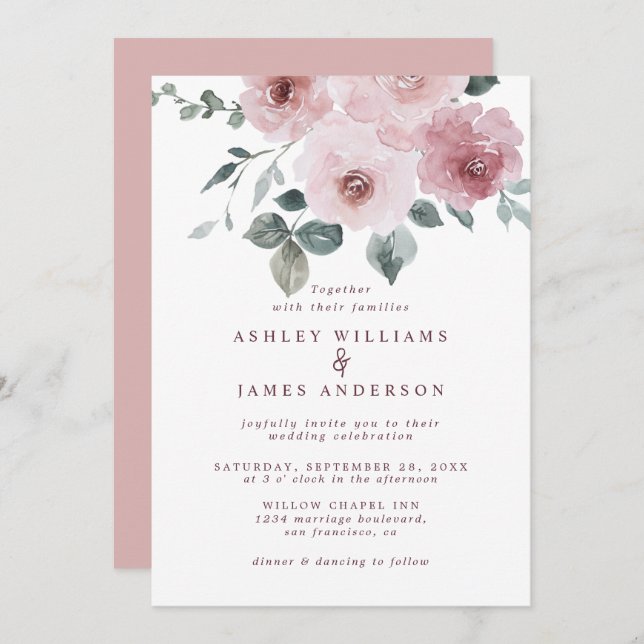 Floral Dusty Pink Rose Burgundy Wedding Invitation (Front/Back)