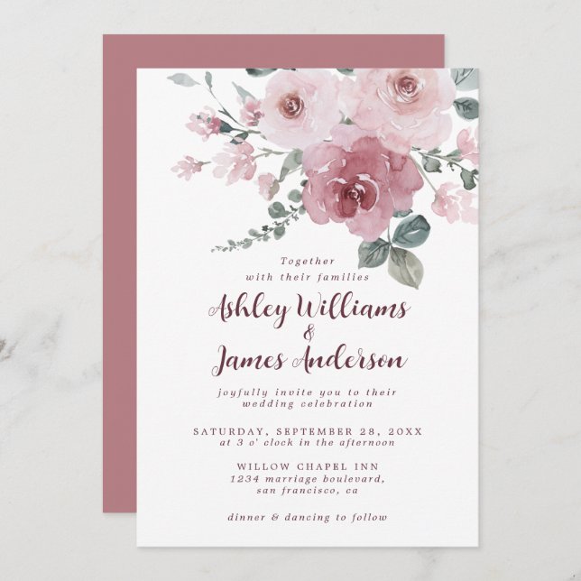 Floral Dusty Pink Rose Burgundy Wedding Invitation (Front/Back)