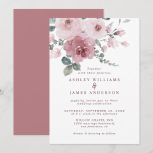 Floral Dusty Pink Rose Burgundy Wedding Invitation