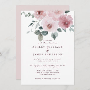 Floral Dusty Pink Rose Burgundy Wedding Invitation