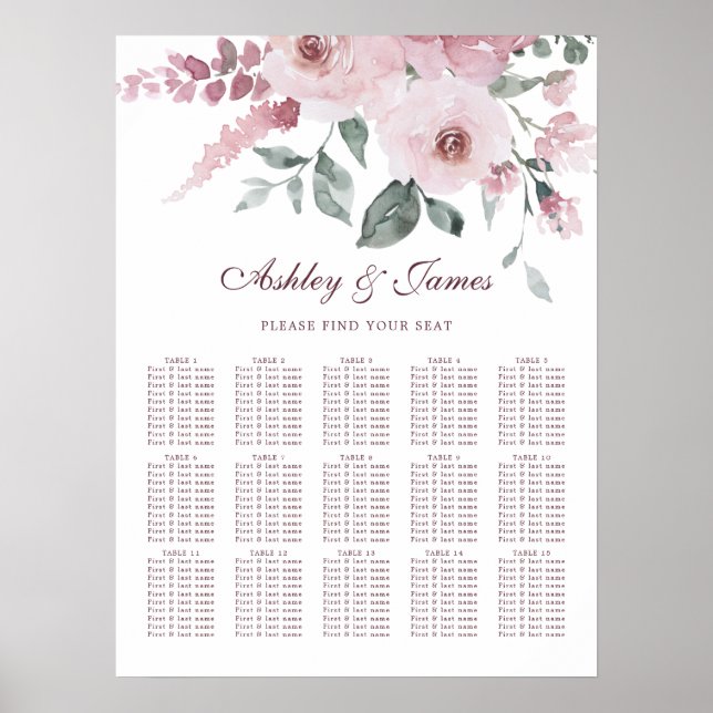 Floral Dusty Pink Rose Wedding Seating Chart (Front)