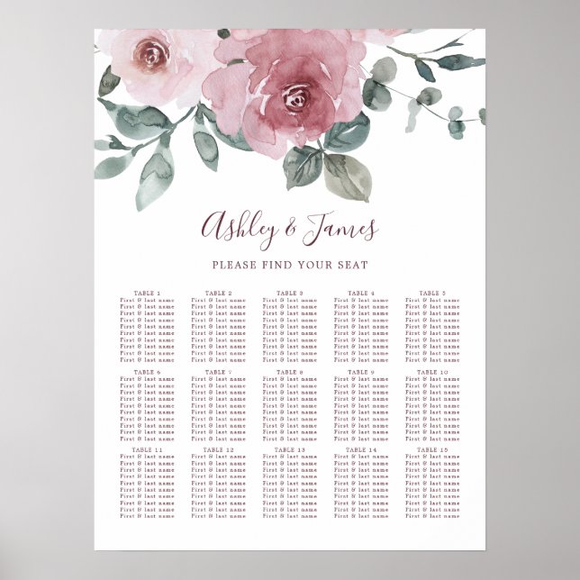Floral Dusty Pink Rose Wedding Seating Chart (Front)