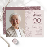Floral Dusty Pink Surprise Photo 90th Birthday Invitation<br><div class="desc">Floral dusty pink and mauve surprise 90th birthday party invitation with your photo on the front of the card. Elegant modern design featuring botanical outline drawings accents and typography script font. Simple trendy invite card perfect for a stylish female bday celebration. Can be customised to any age. Printed Zazzle invitations...</div>