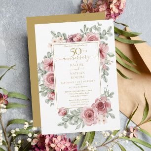 Floral Dusty Rose 50th Golden Wedding Anniversary  Invitation