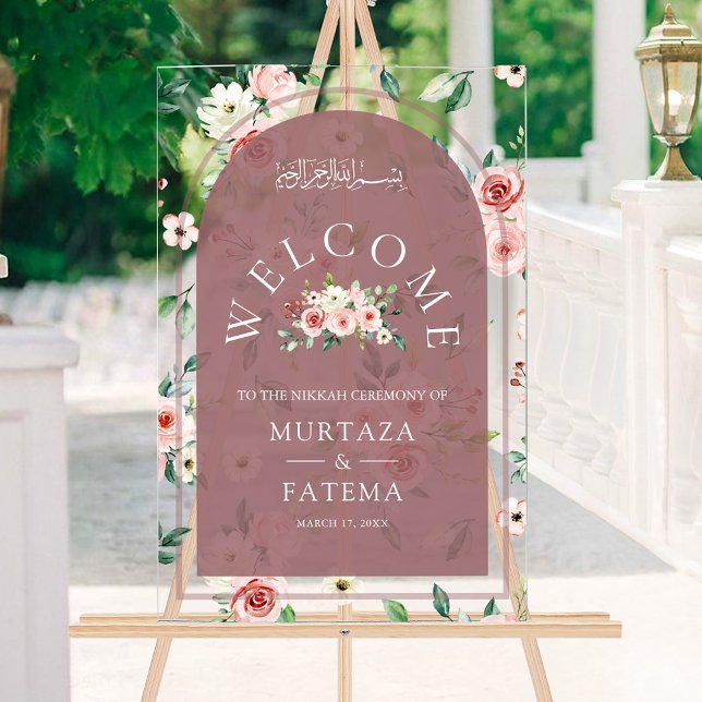 Floral Dusty Rose Arch Muslim Wedding Welcome Acrylic Sign (Creator Uploaded)