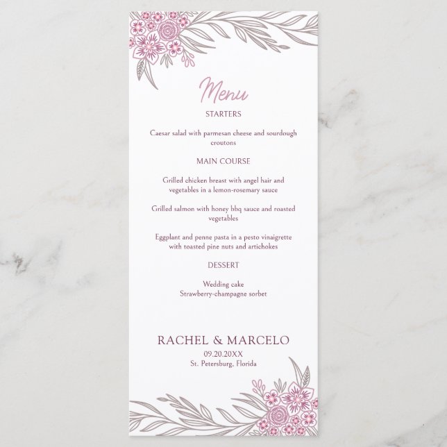 Floral Dusty Rose Blush Burgundy Wedding Menu (Front)